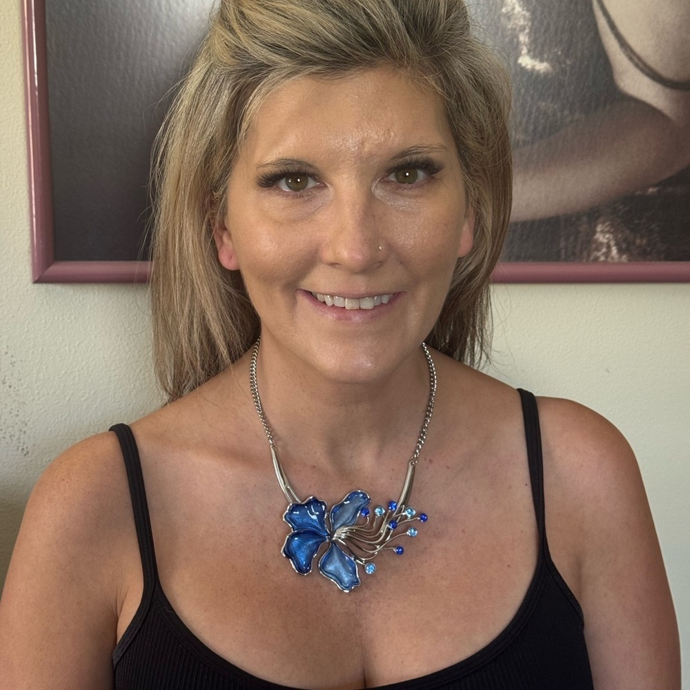 Stunning Statement Necklace Blue Flower and Rhinestones 4" x 2-1/2"
